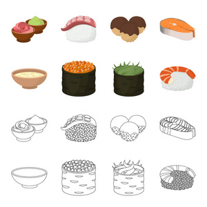 一碗汤, 鱼子酱, 虾和米饭。寿司集图标卡通, 轮廓风格矢量符号股票插画网站