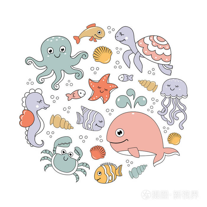 海洋集与可爱的海洋动物。海圆模式下插画-正版商用图片041d9v-摄图新视界