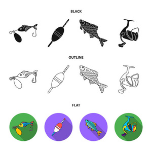 钓鱼钓钓钩钓鱼集集合图标黑色, 平面, 轮廓样式矢量符号股票插画网站