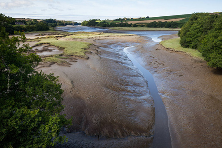 在流出河附近的河流视图揭示了布列塔尼的泥和沼泽-法国照片