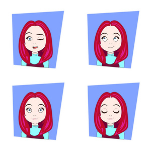 红色头发的年轻妇女不同的面孔情感设置女孩面孔表达式