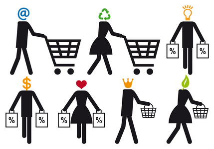 超市灯泡图标精明的购物者,矢量图标集照片