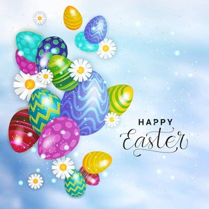 美丽的复活节背景贺卡与刻字和五颜六色的鸡蛋