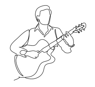 那个弹吉他的家伙矢量插图.在白色背景下被隔离.连续线图.