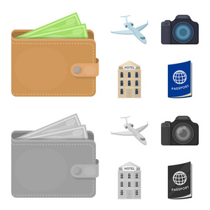 假期旅行钱包钱休息和旅行集合图标在卡通, 单色风格矢量符号股票插画网站
