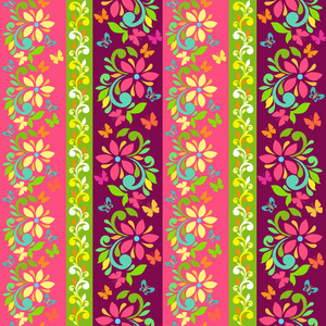 一套矢量五颜六色的边框与花和蝴蝶。花卉壁纸。织物纺织包装纸用装饰装饰品