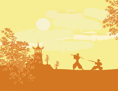 武士卡通人物单色武士面具武士雕刻武士武士带着他的武士刀日本武士