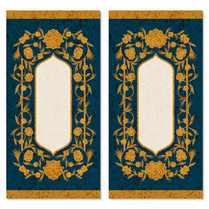 矢量集与两个传统的彩色阿拉伯语贺卡与花卉装饰和老式印刷。卡片印刷品封面明信片的设计