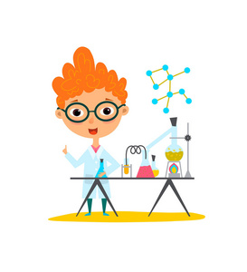 最年轻的科学家孩子在做化学实验手里拿着烧瓶和试管.