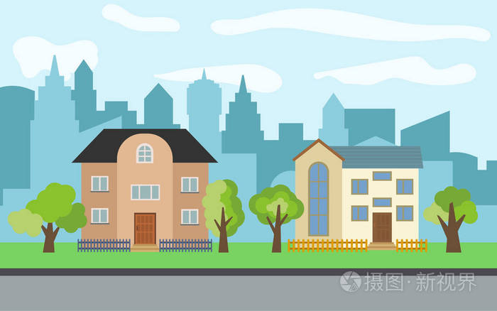 在阳光明媚的日子里有两层卡通房子和绿树的矢量城市