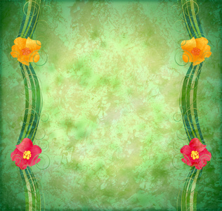 绿色带纹理的背景与鲜花边框