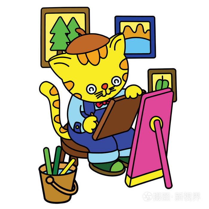 可爱的卡通猫在白色背景的儿童版画t恤彩色书有趣和友好的性格的孩子