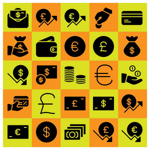 货币图标集向量。美元, 美元硬币, 信用卡和钱包