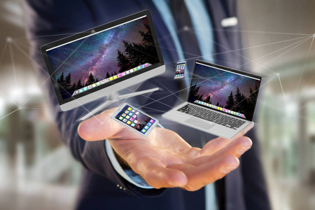 如智能手机平板电脑或计算机在连接网络上飞行的设备的视图3d 渲染