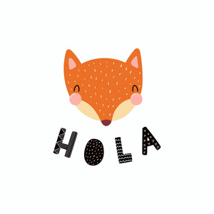 滑稽的狐狸面孔与星和词你好 你好在西班牙语 在白色背景