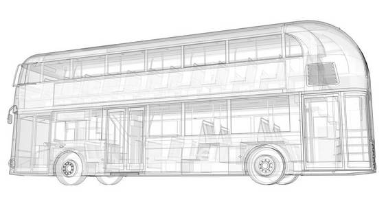 双层客车, 一种半透明的套管, 里面有许多内部元件和内部总线部件可见。3d 渲染