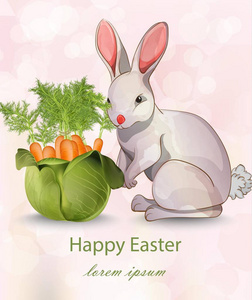 快乐复活节贺卡与兔子和胡萝卜的媒介。绿花瓶花束插图