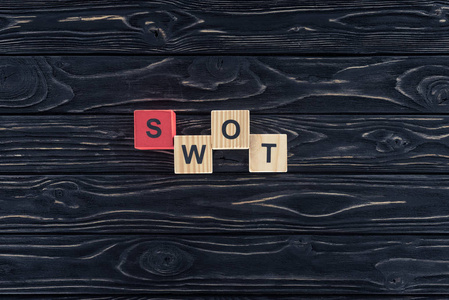 从木块上看黑木桌上的词 swot