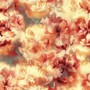 樱花开花混合重复无缝图案。水彩和数字手画的图片。混合媒体图稿。纺织装饰设计的无尽质感
