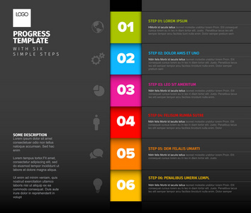 一二三四五六矢量进度模板, 带六个步骤, 描述和图标, 垂直深色版本