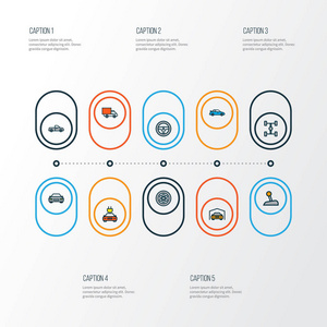 汽车图标有色线设置与车轮, 特斯拉, 皮卡和其他面包车元素。独立矢量插图汽车图标