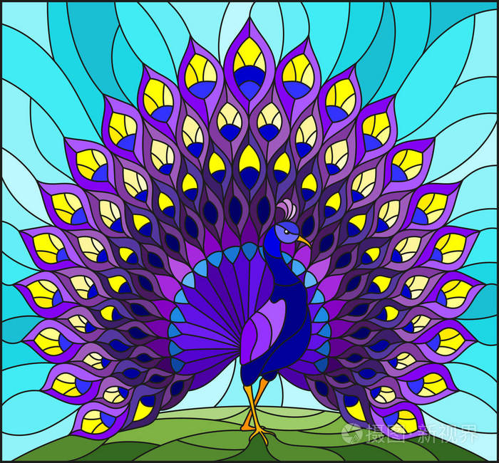 蓝色天空背景彩色孔雀彩色玻璃风格插图
