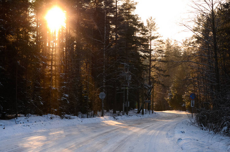 冬季森林, 冰雪覆盖的道路和阳光灿烂的夕阳景观