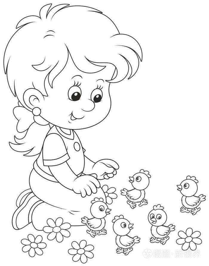 小女孩玩小滑稽的小鸡, 一个黑白矢量插图在卡通风格的着色书插画