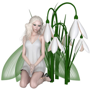 梦幻般的插图一个漂亮的白发仙女跪着一组雪莲花, 3d 数字渲染插图
