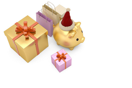 金小猪银行与圣诞老人帽子和礼物在白色 backgro