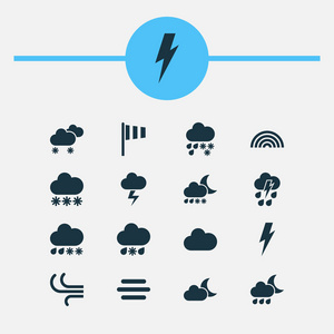 气候图标设置与雪, 雷阵雨, 雨夹雪和其他雷暴元素。孤立的例证气候图标