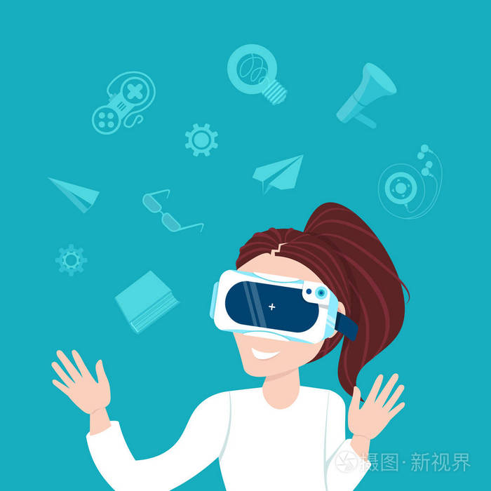女子戴3d 虚拟现实眼镜现代 vr 技术理念