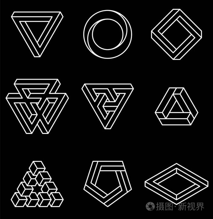 不可能的形状的集合视错觉矢量图上白色孤立神的几何学在黑色背景上的