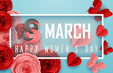 快乐国际妇女节与玫瑰花, 蝴蝶, 心脏和长方形框架在蓝色背景