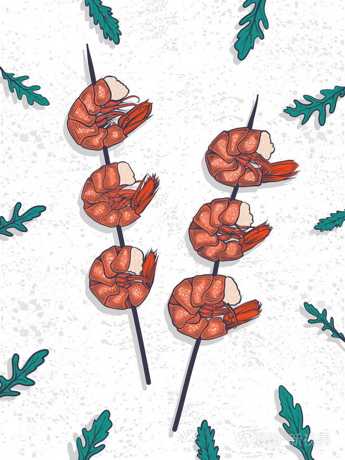 海鲜在盘子里.矢量插图草图样式