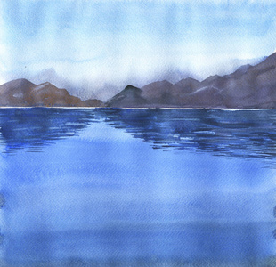 高山背景下的蓝色海水水彩画