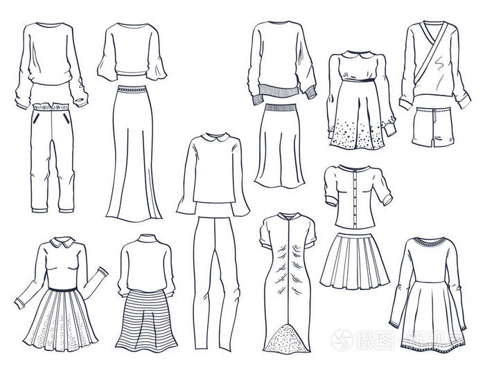 插画 女性服装的轮廓, 美丽的春天衣柜, 运动衫, 衬衫, 裙子等, 在
