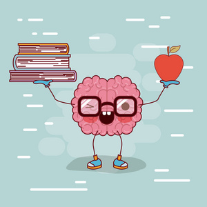 大脑动画片与书和苹果在手与背景浅蓝色的眼镜