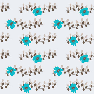 在灰色背景下, 蓝色花朵和褐色叶子的无缝图案。可用于礼品包装瓷砖面料的背景。矢量插图