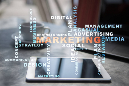 市场营销业务概念在虚拟屏幕上。词云