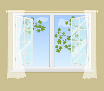 打开窗口, 窗帘在米色背景.