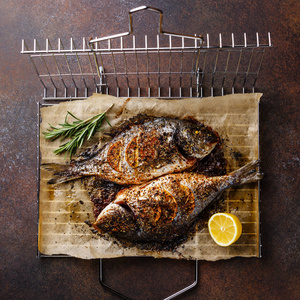在黑暗背景下用柠檬和迷迭香烤鱼的金属烧烤网格照片