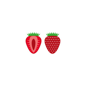 草莓水果切割特写卡通在白色背景下隔离。艺术标志设计