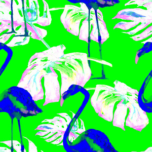 水彩无缝图案。手绘的热带树叶和花朵插图。热带夏日图案