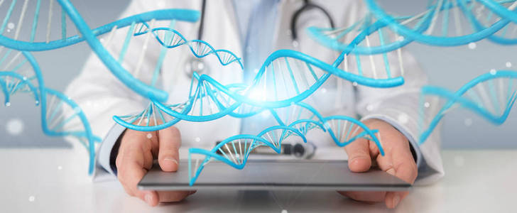 持有蓝色数字 Dna 结构的医生3d 渲染