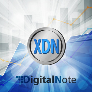 数字笔记 xdn 硬币 cryptocurrency 在明亮的射线与统计图表