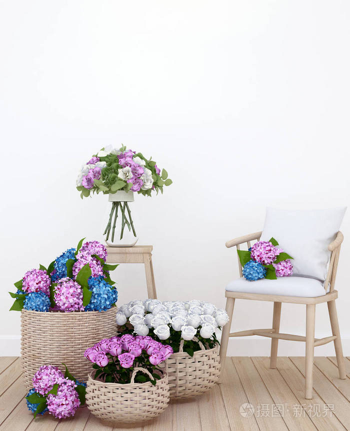 居住面积和五颜六色的花在公寓或家庭室内设计就餐区3d 渲染