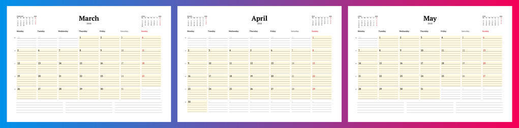 2018春季日历规划器模板。3月, 四月, 梅。设计打印矢量模板