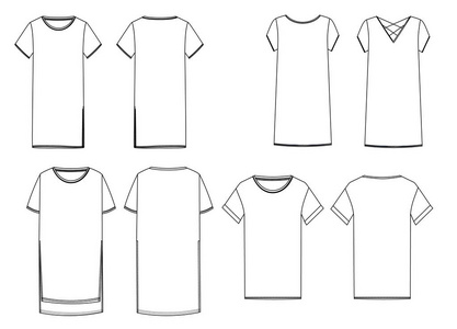 女式长 t恤的技术制图素描集