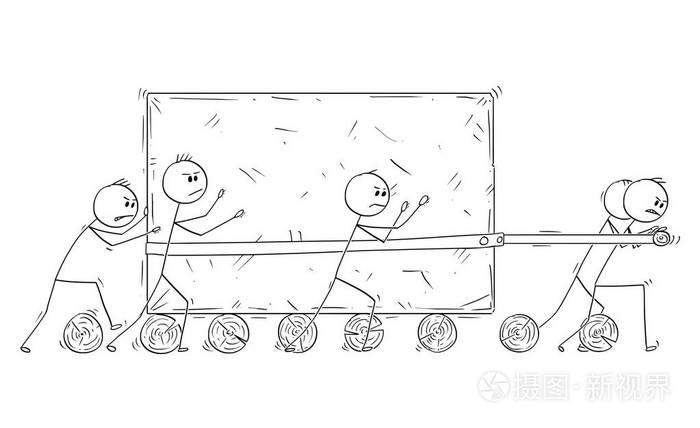 一群人或商人的卡通人物推大石块